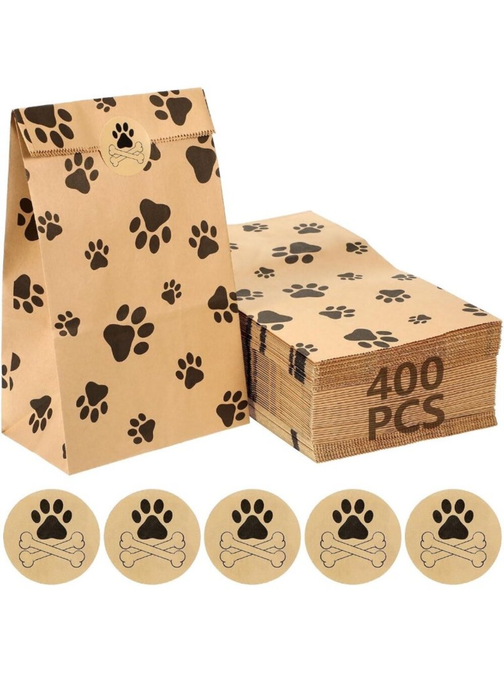 400 Pcs Paw Print Dog Treat Bags - Eco-Friendly Brown Paper Gift Bags